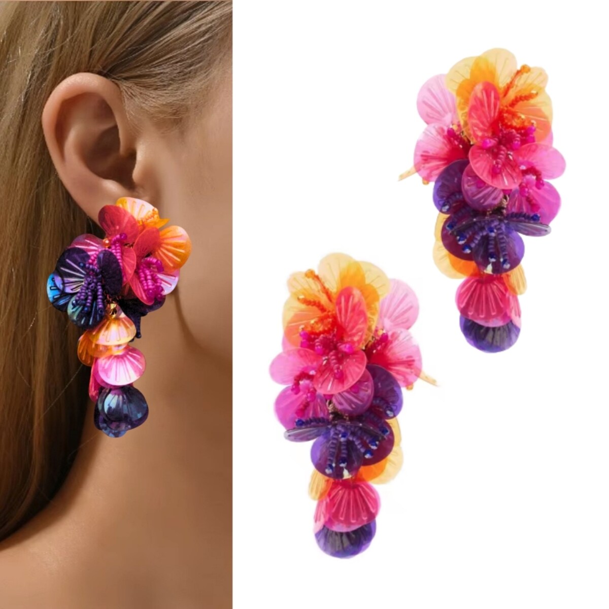 Efektowne HOLOGRAFICZNE kolczyki z kwiatami koralikami akrylowe płatki