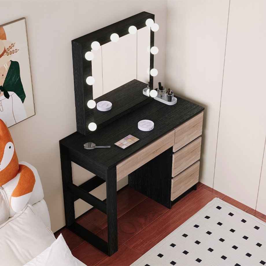 Toaletka kosmetyczna makijażu wizażu z lustrem LED nowoczesna czarna loft