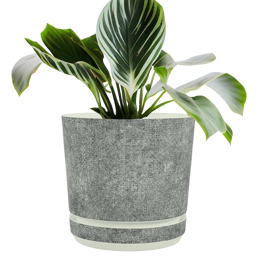 18 cm wzór Szary gres TRIBECA 013 Doniczka z podstawką matowa donica z połyskującym srebrnym wzorem