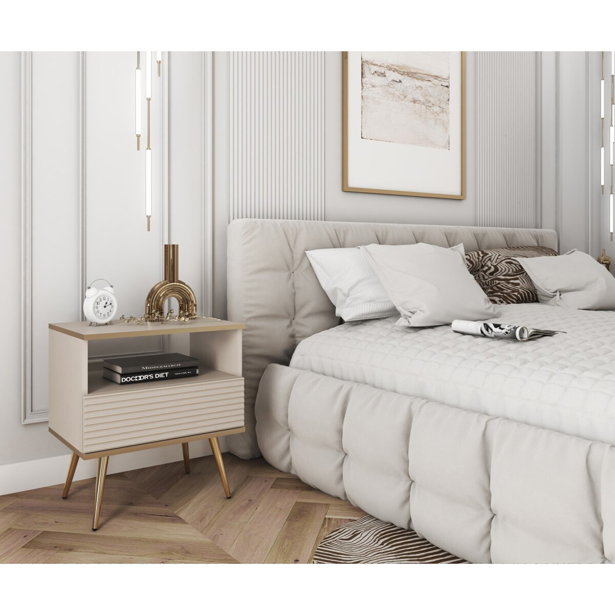 Szafka nocna ryflowana POLO na wysokich nóżkach z jedną szufladą, beżowa