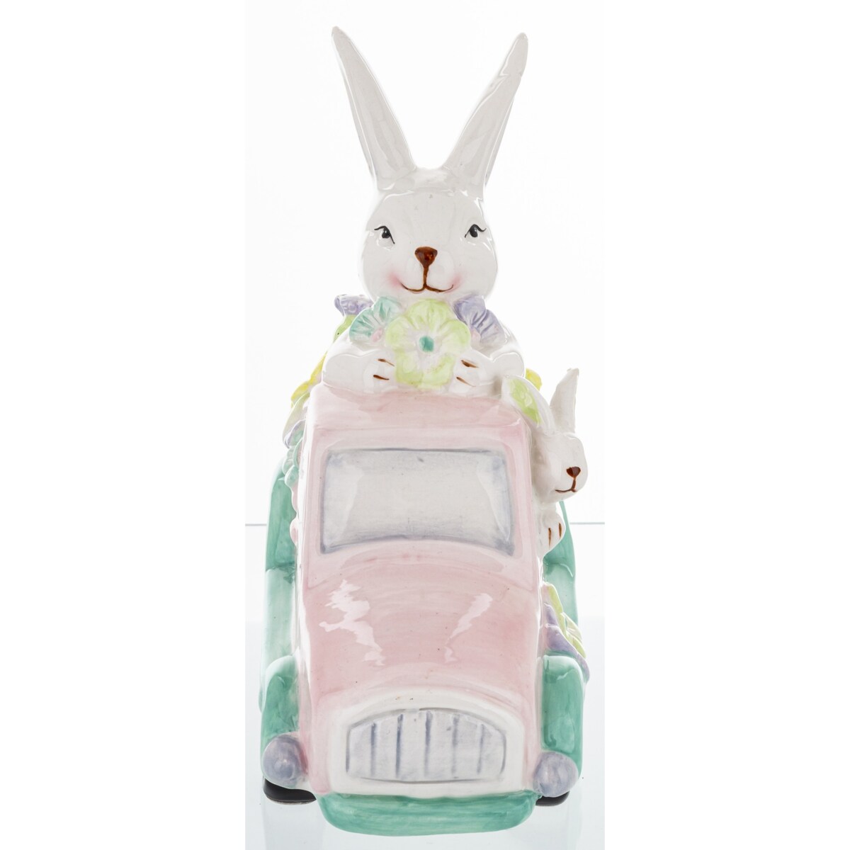 Dekoracja - króliki w samochodzie z kwiatami 20x10,5x19 cm różowy