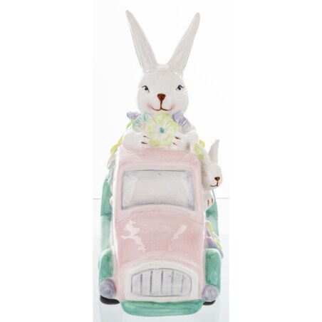 Dekoracja - króliki w samochodzie z kwiatami 20x10,5x19 cm różowy