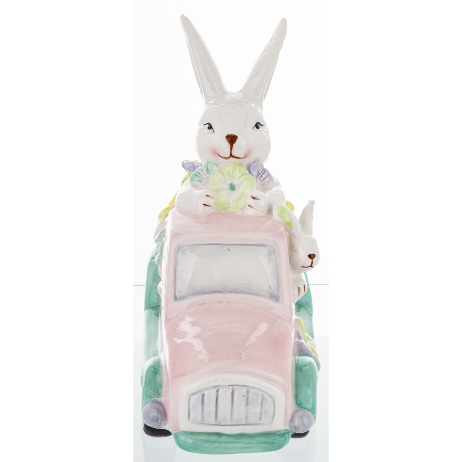 Dekoracja - króliki w samochodzie z kwiatami 20x10,5x19 cm różowy
