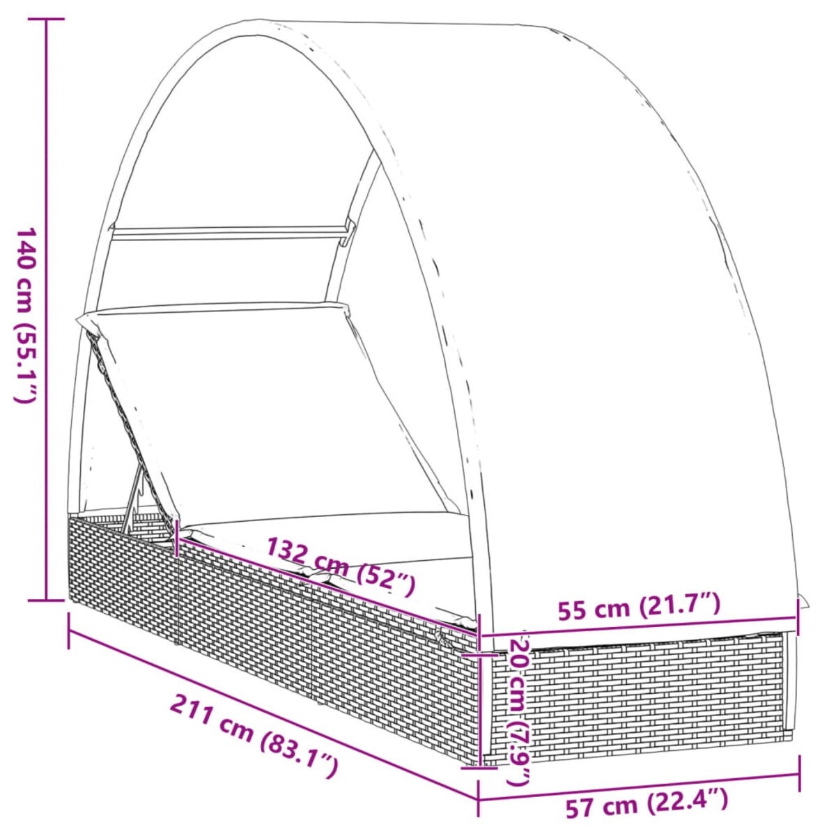vidaXL Leżak z półokrągłym daszkiem, czarny, 211x57x140 cm, rattan PE