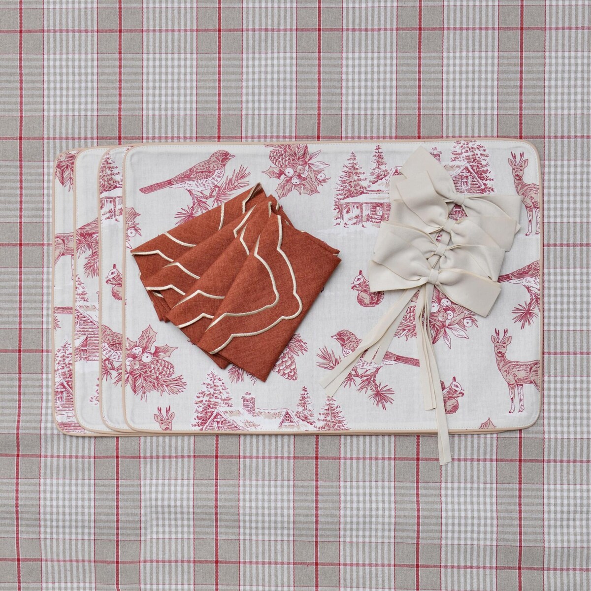 Dwustronne podkładki Toile de Jouy Red Forest & Glen Check – komplet 6 szt.