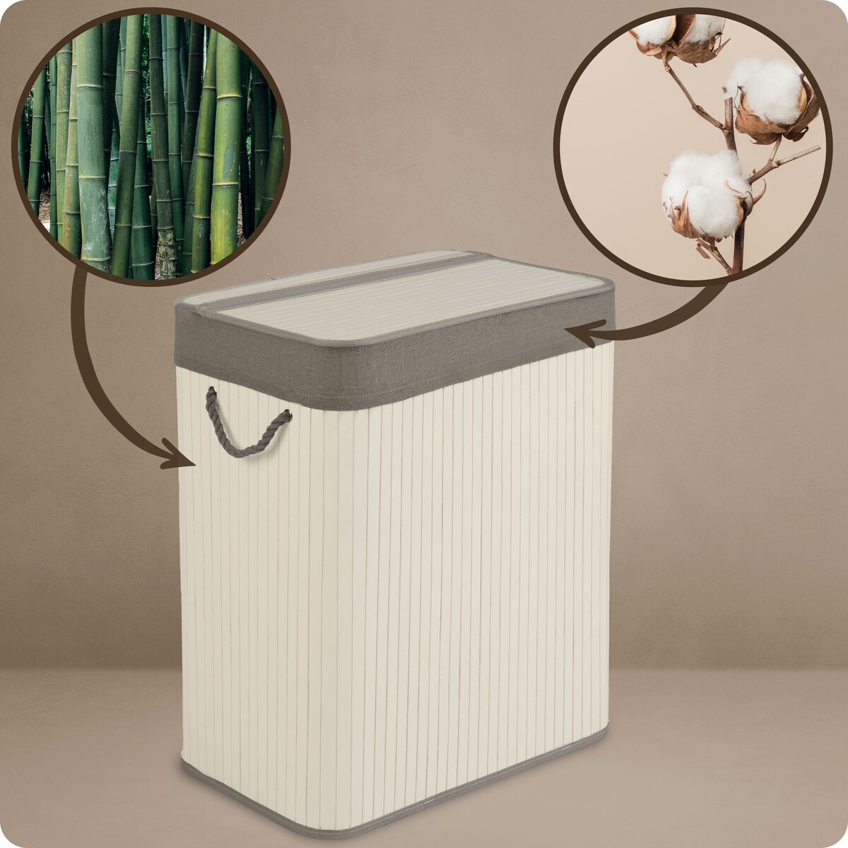 Massido, bambusowy kosz na pranie z pokrywą dwukomorowy 100l, biały szary 61x54x34 cm