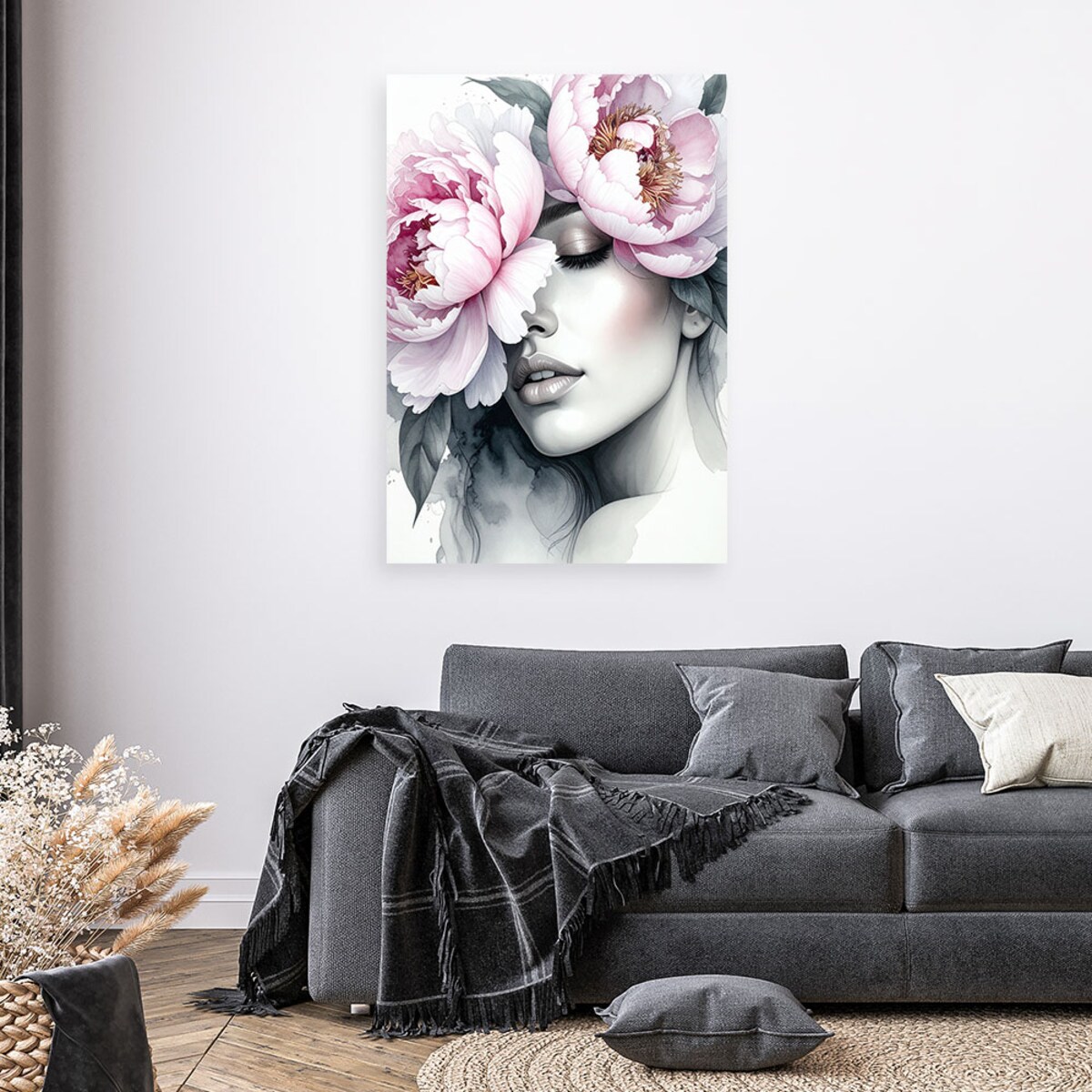 Obraz do salonu sypialni, Dziewczyna z kwiatami piwonii na głowie 80x120