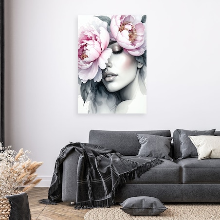 Obraz do salonu sypialni, Dziewczyna z kwiatami piwonii na głowie 80x120