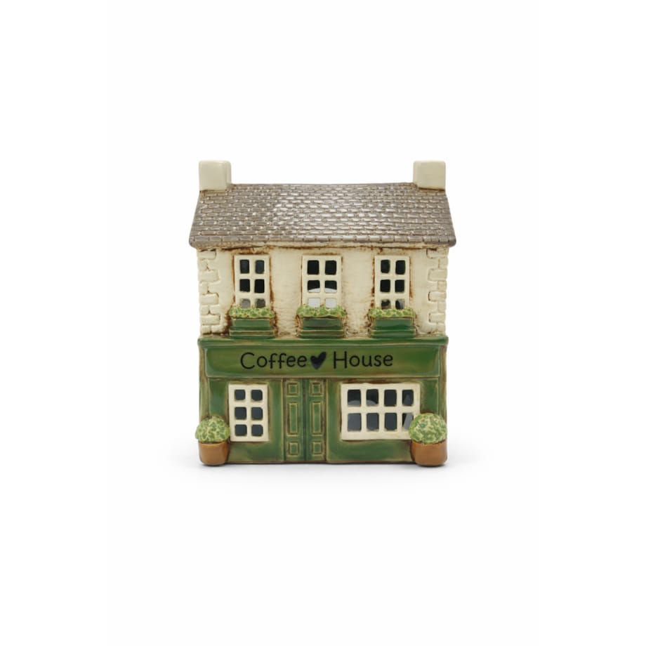 Ceramiczny domek na tea-lighty 16,5x14,5x9 cm COFFEE HOUSE kremowo-zielony