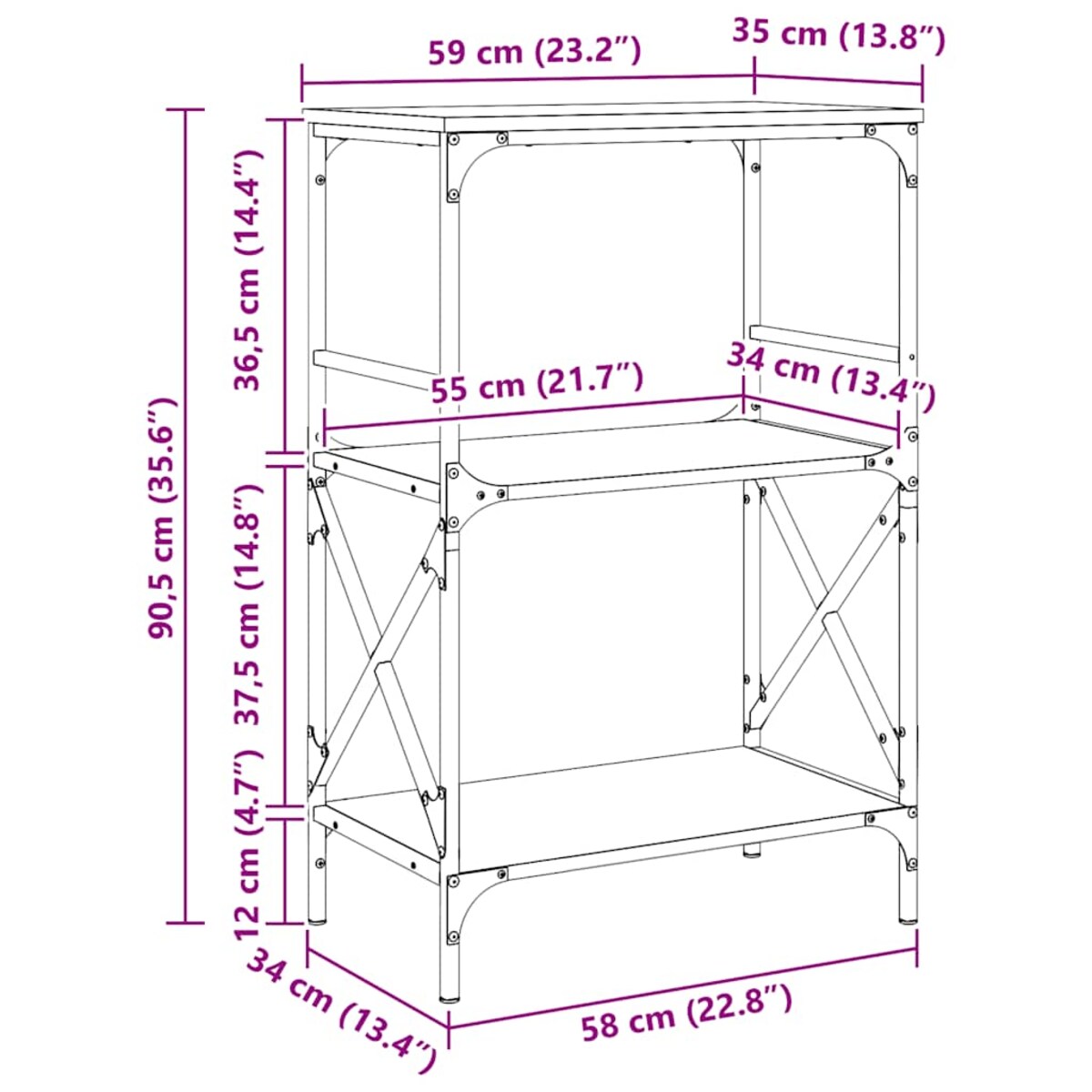 vidaXL 3-poziomowy regał na książki, czarny, 59x35x90,5 cm