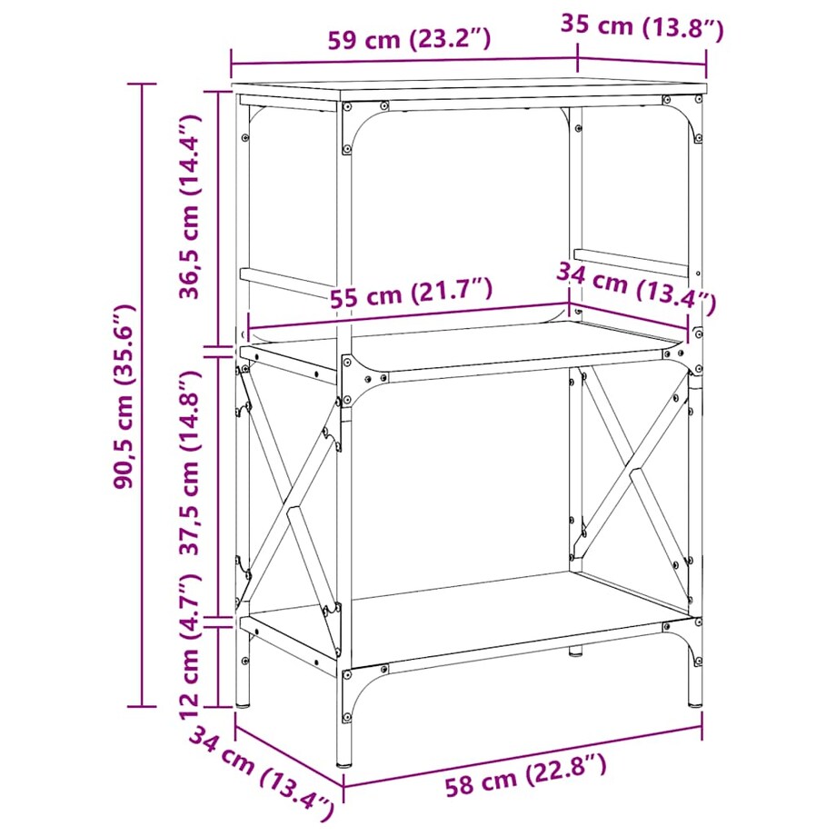 vidaXL 3-poziomowy regał na książki, czarny, 59x35x90,5 cm