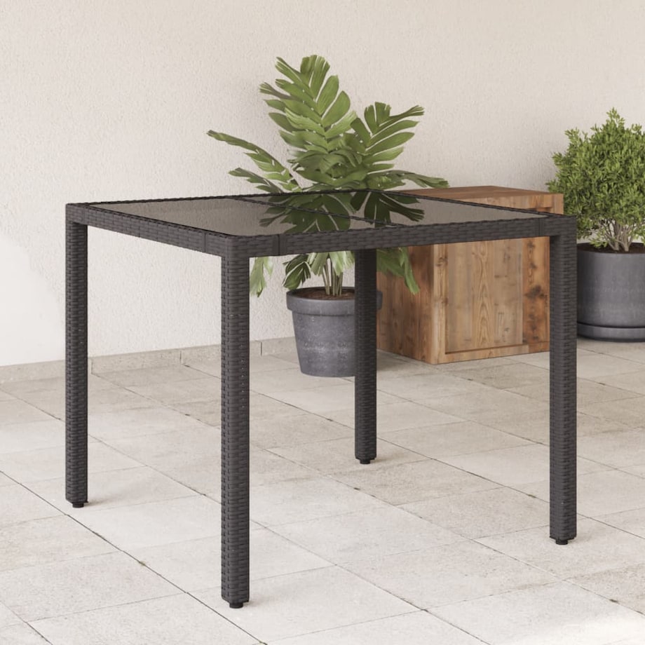 vidaXL Stół ogrodowy, szklany blat, czarny, 90x90x75 cm, rattan PE