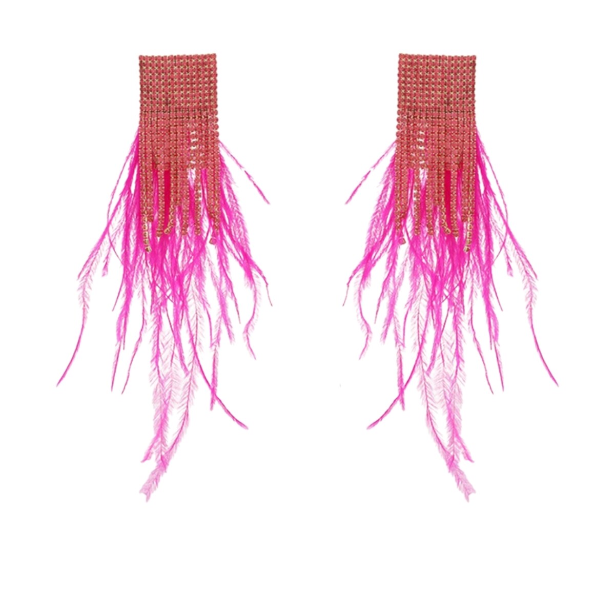 Długie kolczyki wiszące złote fuksja z piórami i cyrkoniami nitki wiszące