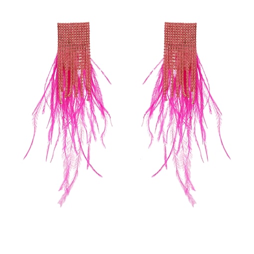 Długie kolczyki wiszące złote fuksja z piórami i cyrkoniami nitki wiszące