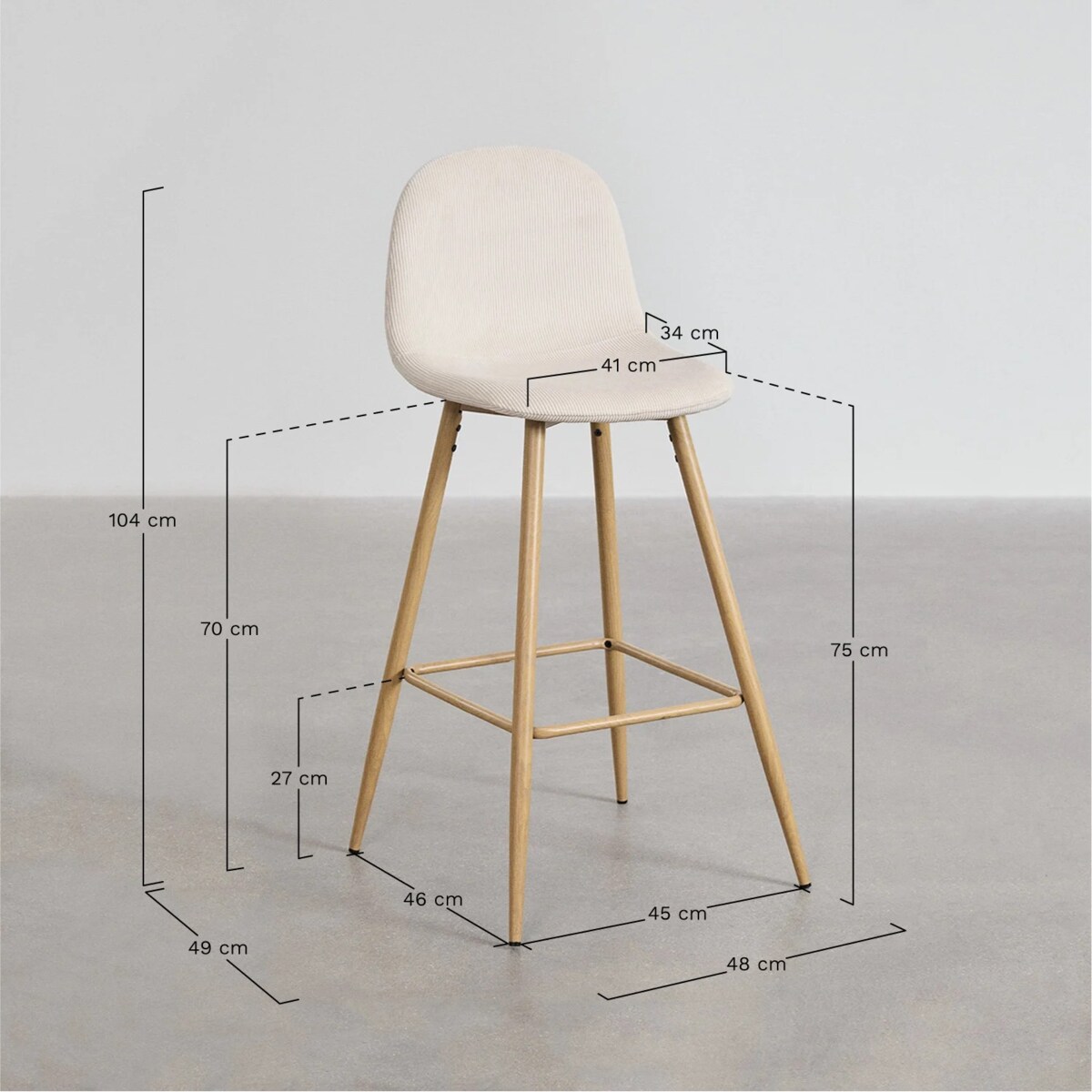 Krzesło barowe sztruksowe, metalowe nogi 75 cm Glamm