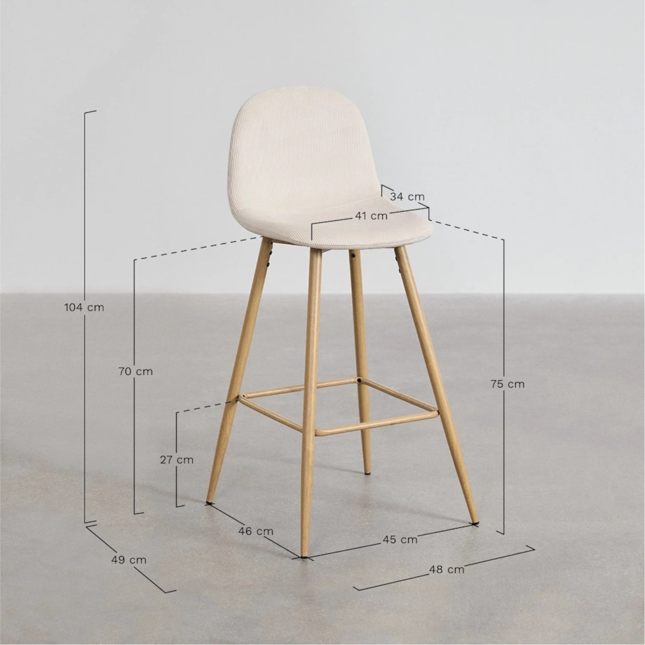 Krzesło barowe sztruksowe, metalowe nogi 75 cm Glamm