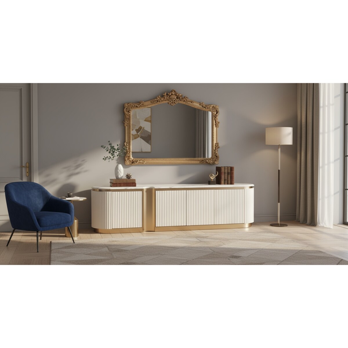 Ryflowana szafka RTV złota biała Nutris Glamour Premium z blatem marmurowym 200x40x50