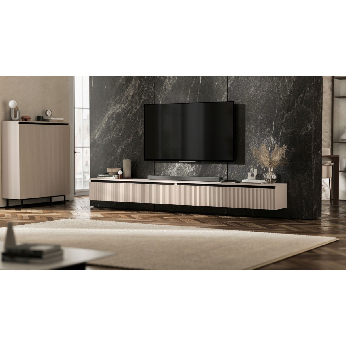 Wisząca Szafka RTV Glamour Komoda RTV Kaszmir 280 cm ryflowane fronty