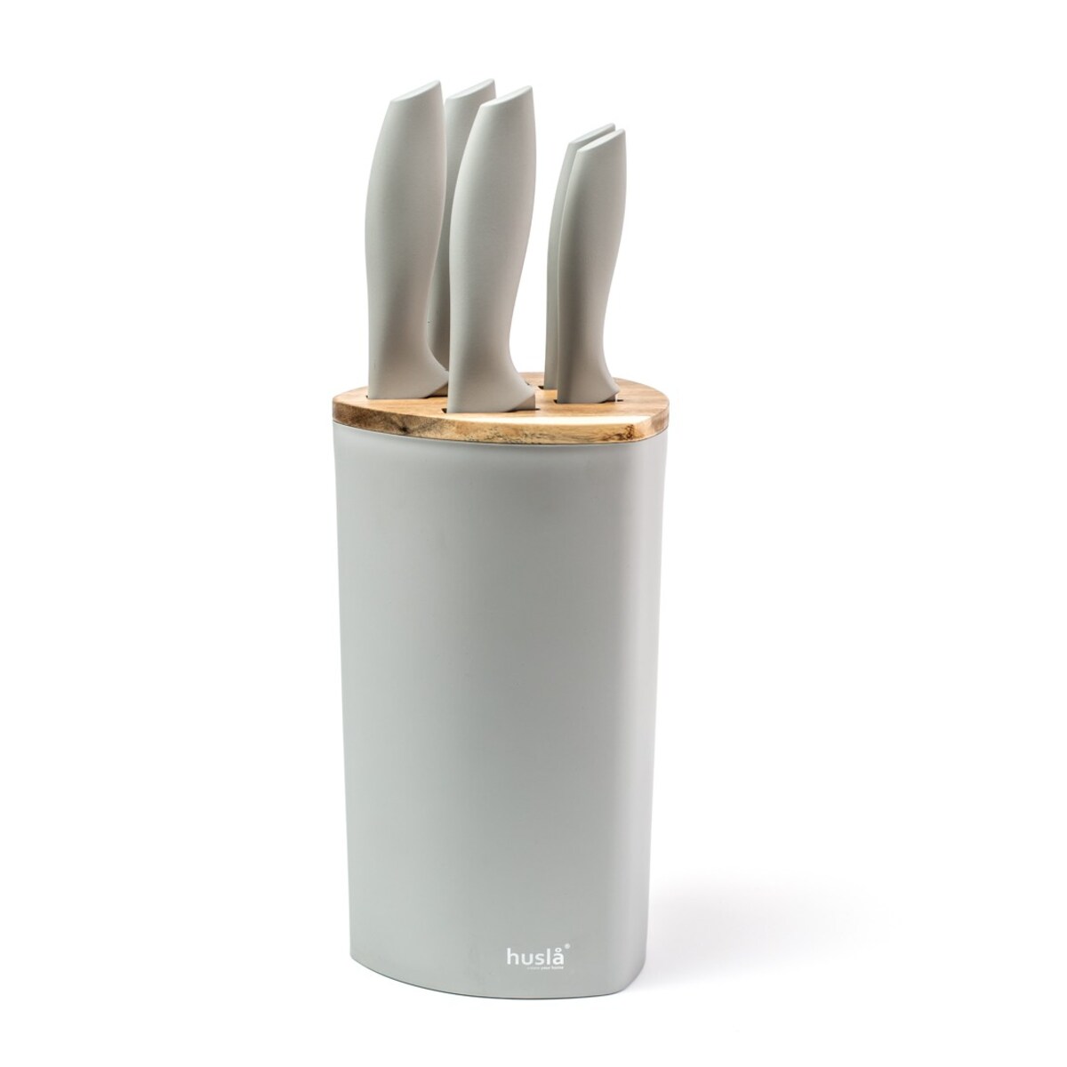 Zestaw 5 noży w bloku plastikowym z elementami drewna akacjowego Szary HUSLA
