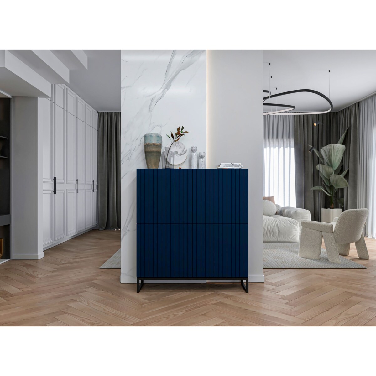 Komoda RTV Loft Szafka RTV Glamour Granatowy Mat 112 cm Ryflowane fronty Mat Metalowa Rama