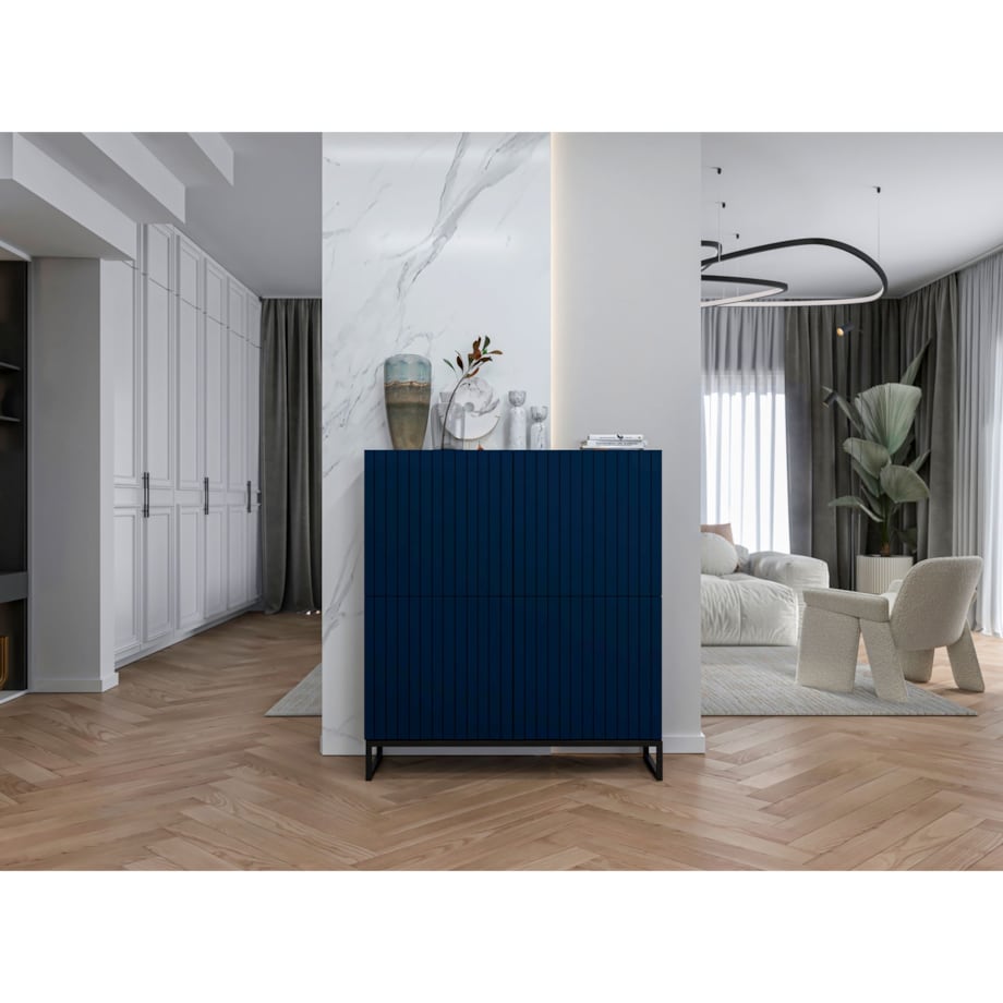 Komoda RTV Loft Szafka RTV Glamour Granatowy Mat 112 cm Ryflowane fronty Mat Metalowa Rama