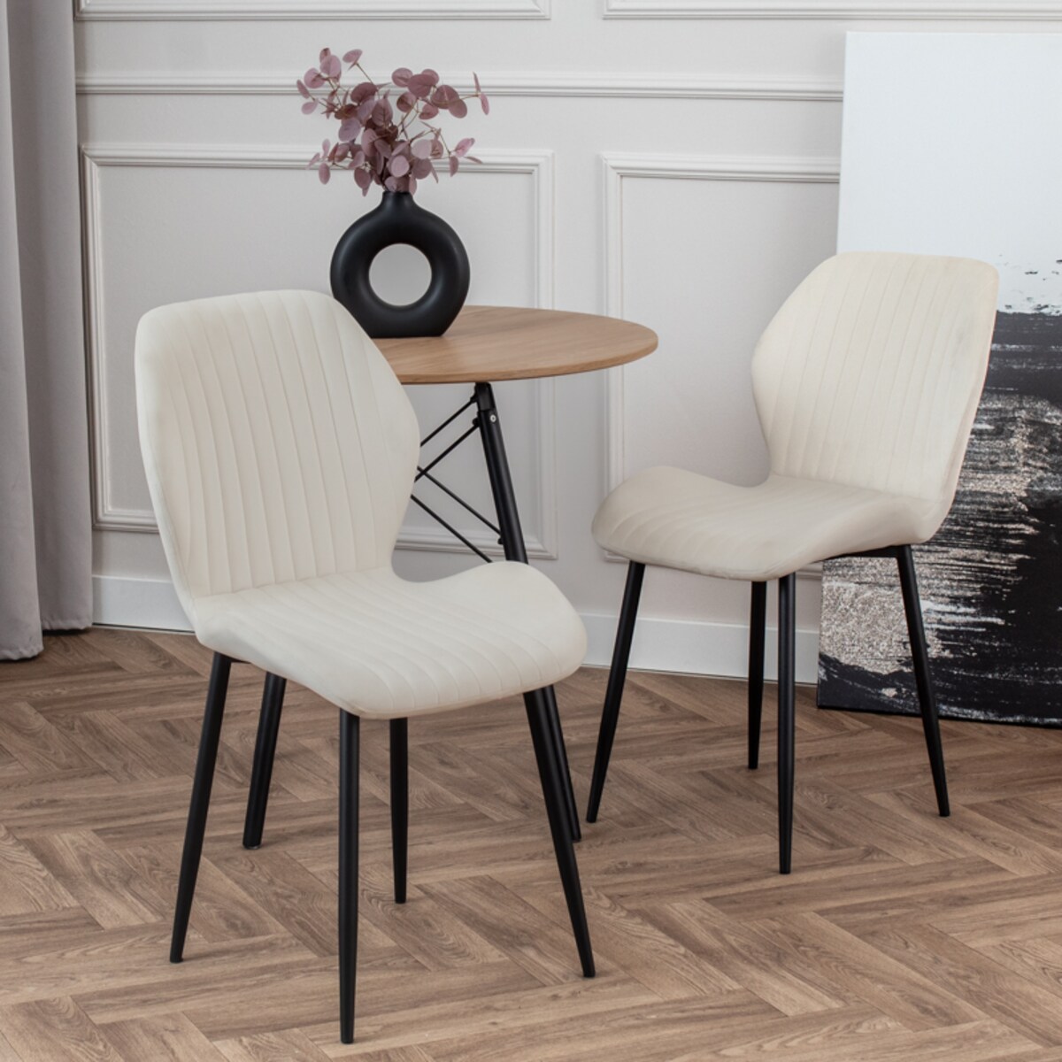 Krzesło tapicerowane do salonu jadalni pikowane welurowe beżowe