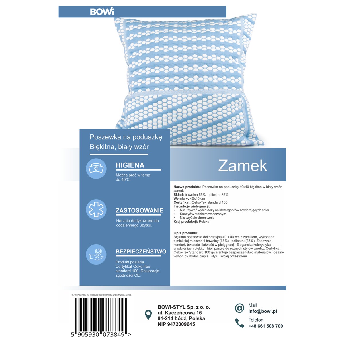 Poszewka na poduszkę 40x40 błękitna w biały wzór, zamek