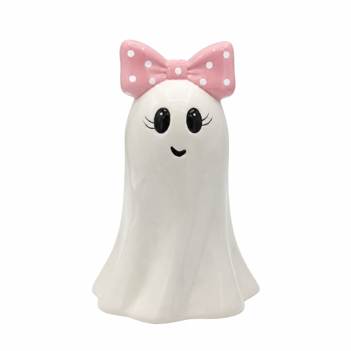 Dekoracja - Figurka pani duch 16,6x11x10,8 cm BOO-2 z różową kokardą w białe kropki