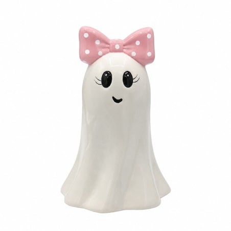 Dekoracja - Figurka pani duch 16,6x11x10,8 cm BOO-2 z różową kokardą w białe kropki