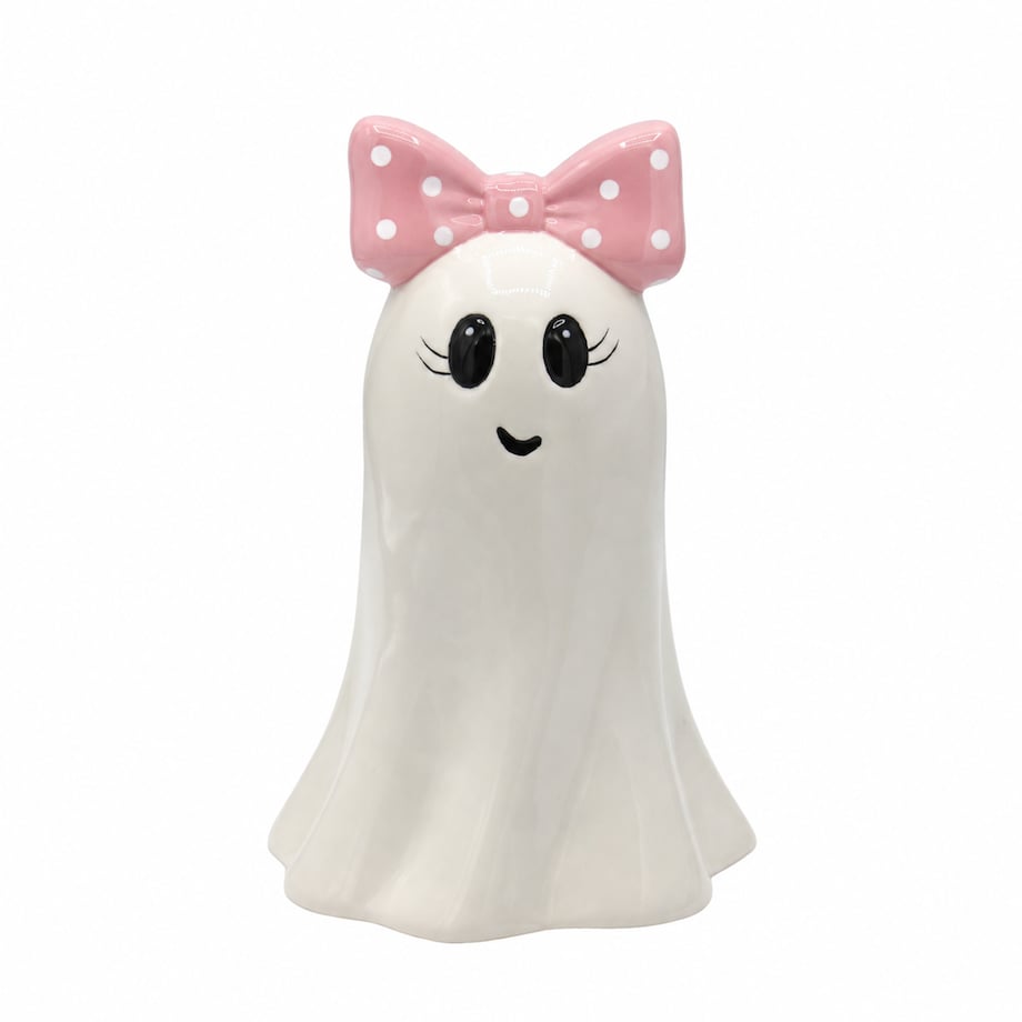 Dekoracja - Figurka pani duch 16,6x11x10,8 cm BOO-2 z różową kokardą w białe kropki