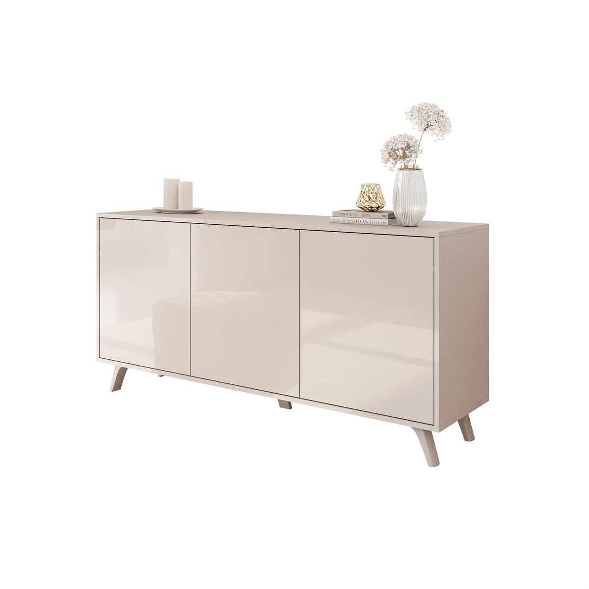 Trzydrzwiowa komoda SANAYI na plastikowych nóżkach, kaszmir połysk