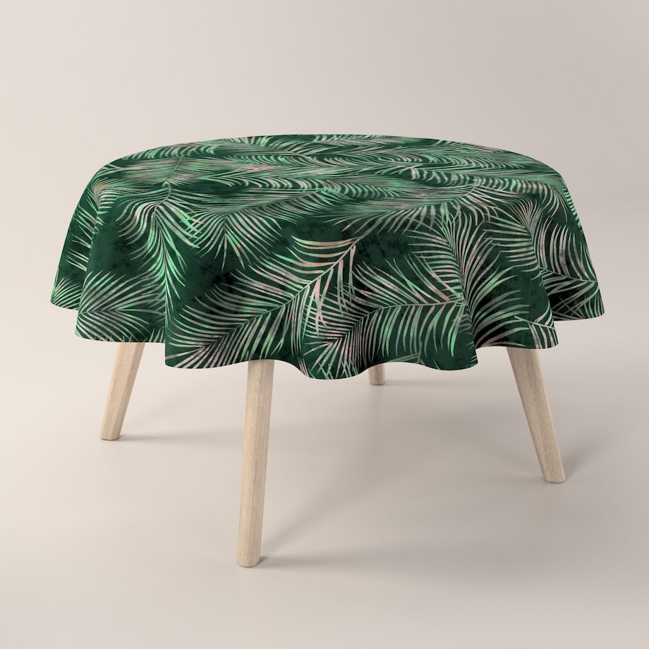Obrus okrągły 130 x 130 cm liscie na zielonym tle