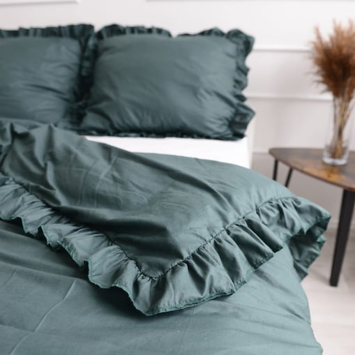Poszewka Pościel Na Kołdrę Z Falbanką Butelkowa Zieleń 180X200 Cm