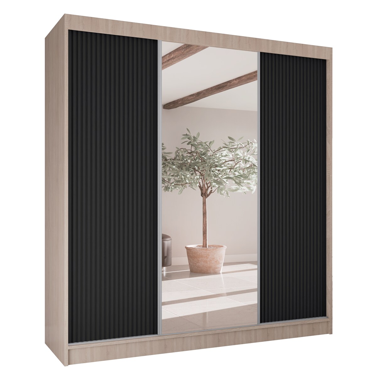 Szafa przesuwna V200 z lustrem i szufladami- sonoma+ ryfle czarne