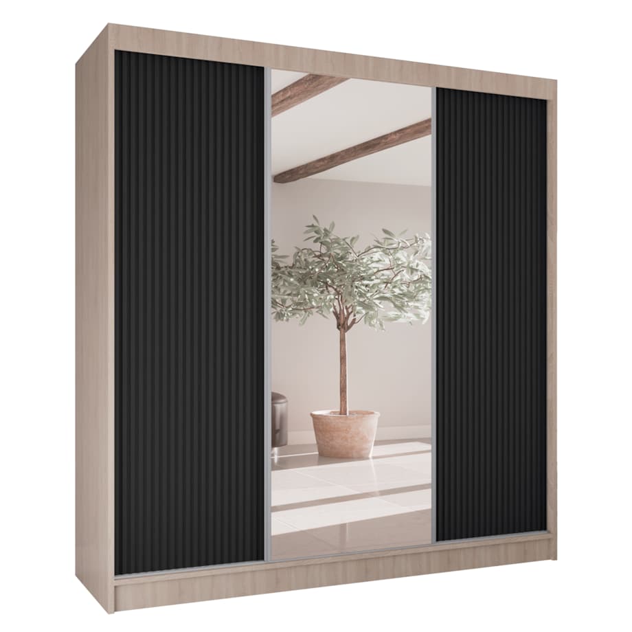 Szafa przesuwna V200 z lustrem i szufladami- sonoma+ ryfle czarne