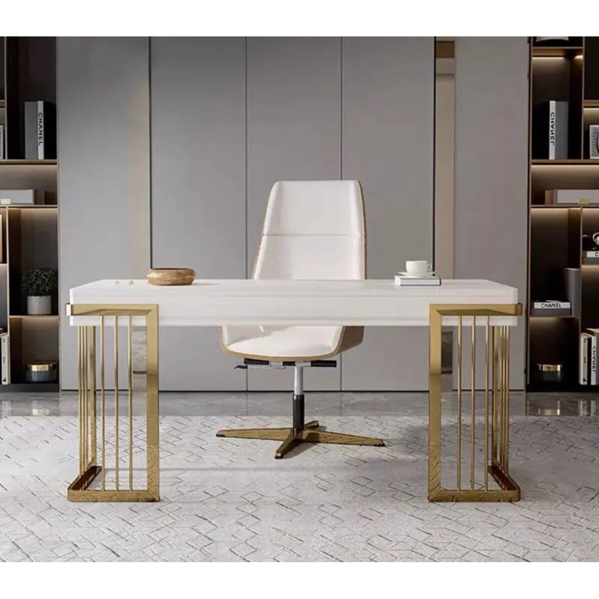 Nowoczesne białe złote biurko do gabinetu / do biura ze stali nierdzewnej Luxury Premium 140x70x75 / 2 szuflady