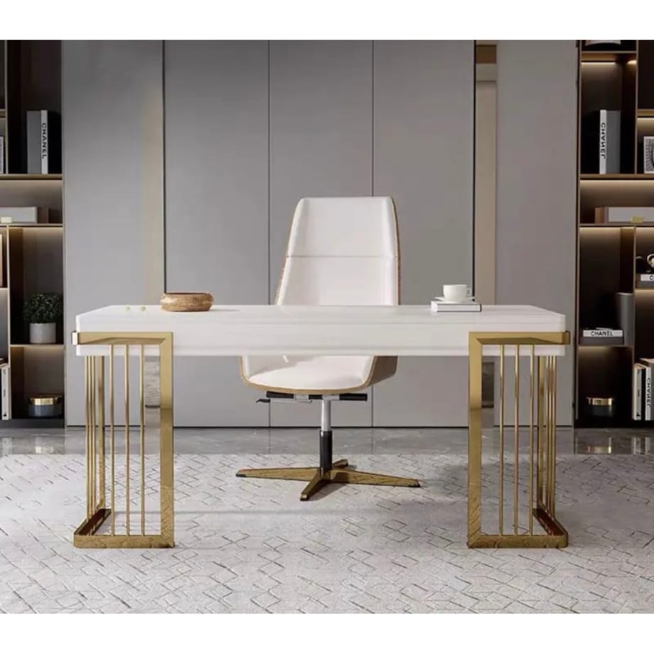 Nowoczesne białe złote biurko do gabinetu / do biura ze stali nierdzewnej Luxury Premium 140x70x75 / 2 szuflady