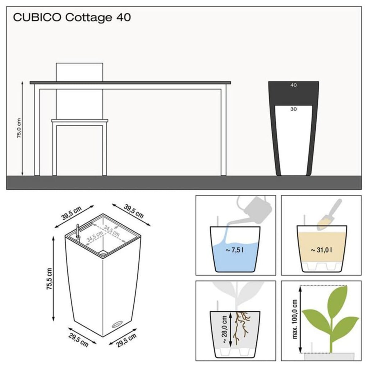 LECHUZA Doniczka CUBICO Cottage 40 ALL-IN-ONE, kolor granitu