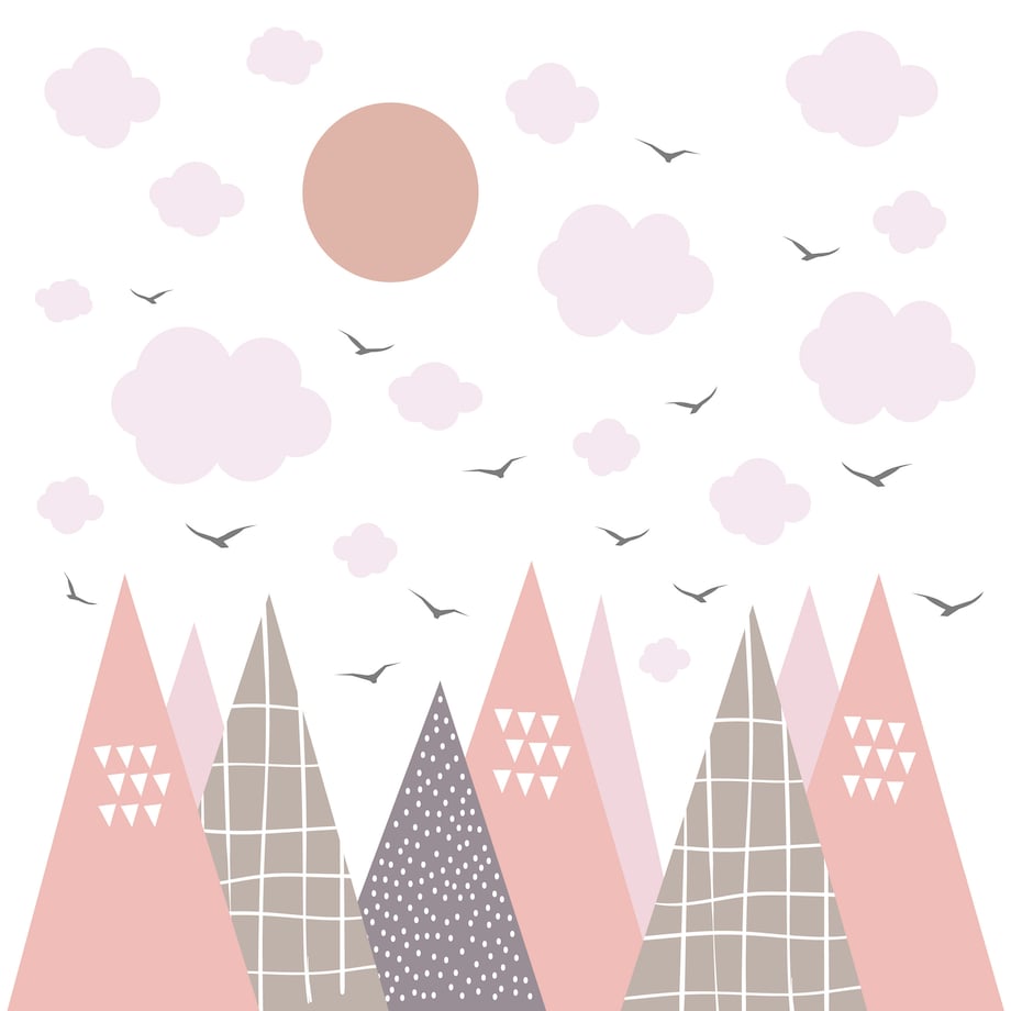 NAKLEJKI NA ŚCIANĘ DLA DZIECI JASNORÓŻOWE GÓRY STYL SKANDYNAWSKI ZESTAW