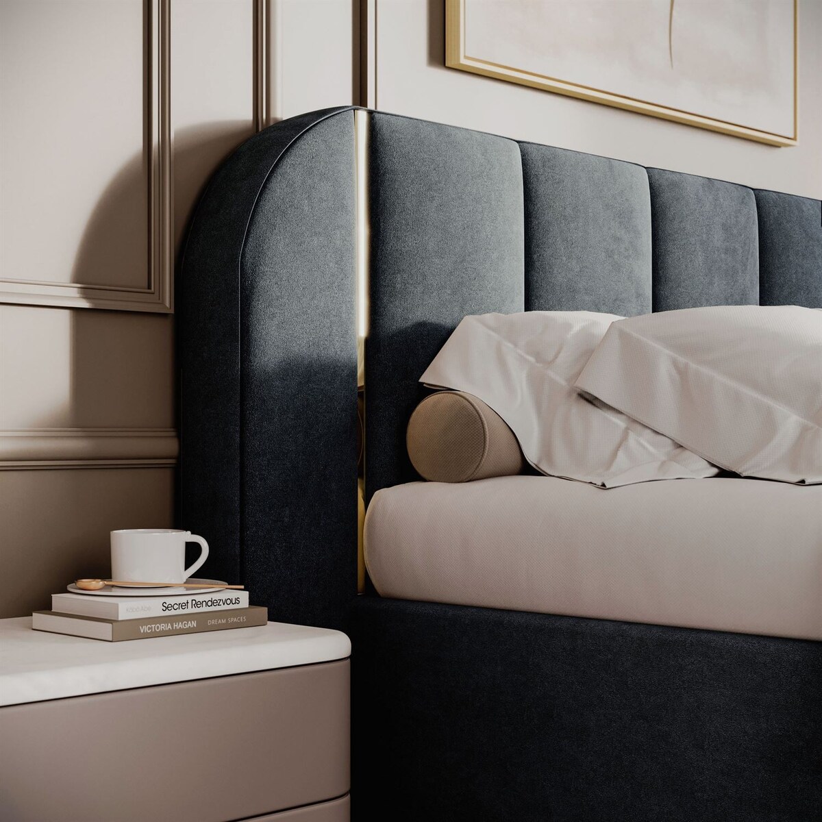 Łóżko tapicerowane AMARA GOLD, pojemnik, stelaż 32, 140x200, Royal Velvet 87233