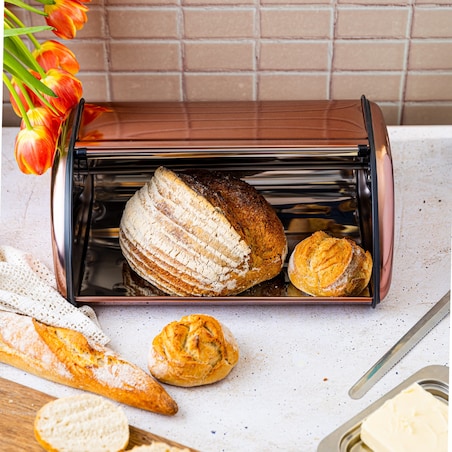 Chlebak stalowy duży 44cm różowe złoto matowy pojemnik na chleb pieczywo bułki KINGHOFF