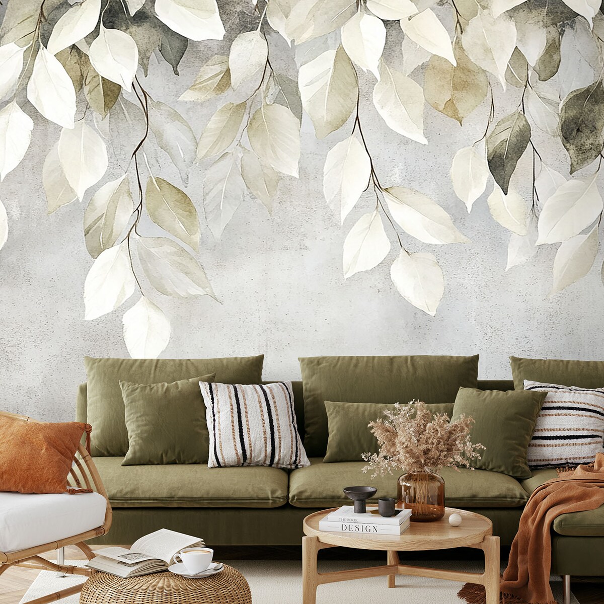 Fototapeta, Beżowe wiszące liście gałązki beton boho 400x280