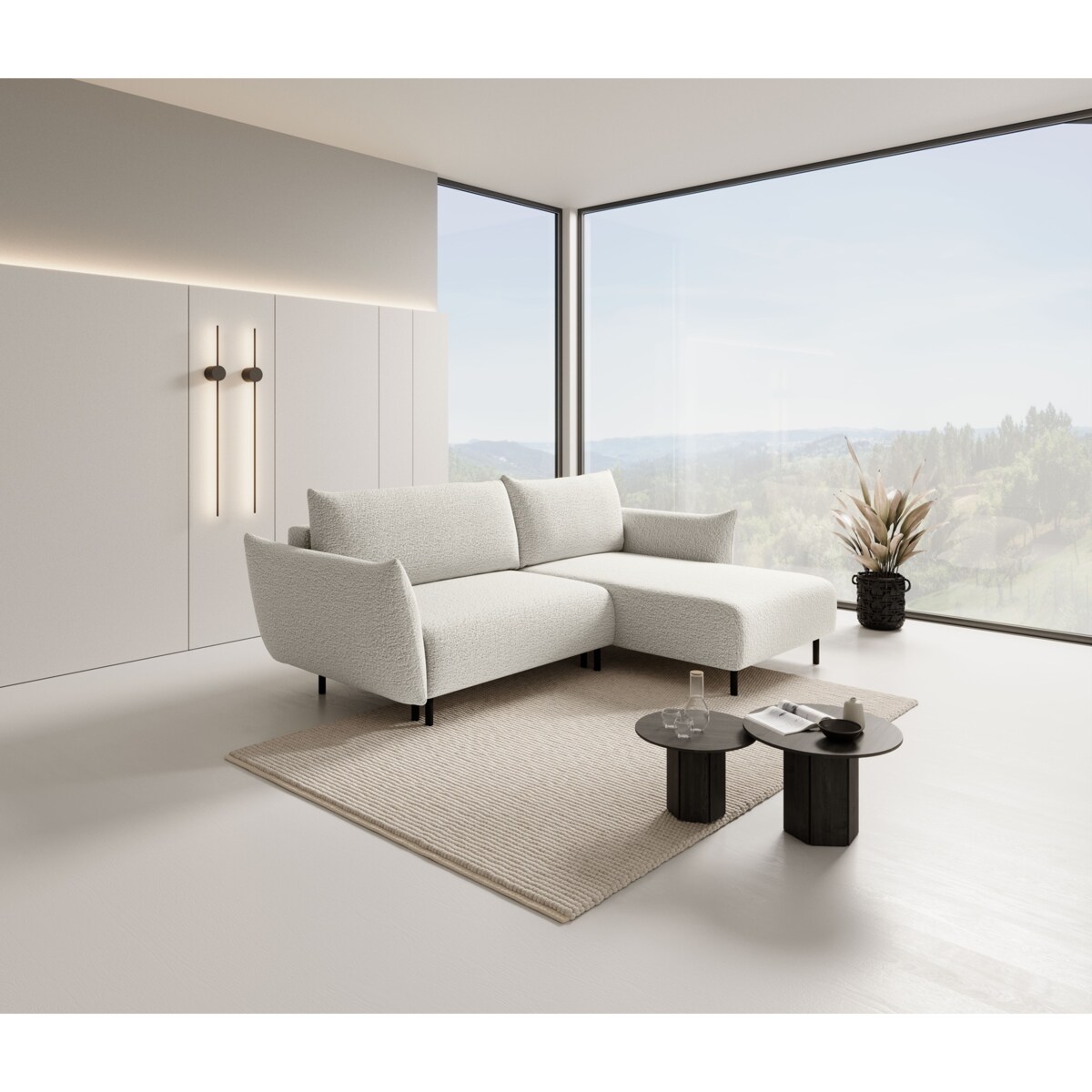 Narożnik DELI z funkcją spania na nóżkach, prawostronny, kremowy