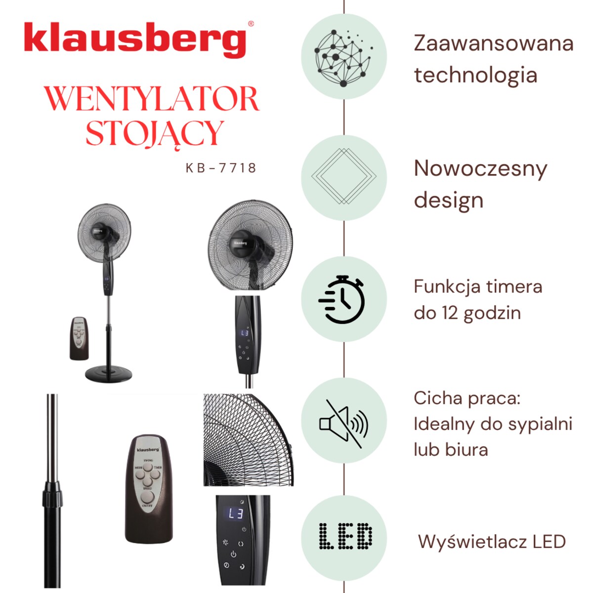 Wentylator podłogowy z pilotem i timerem 40cm 50W KLAUSBERG