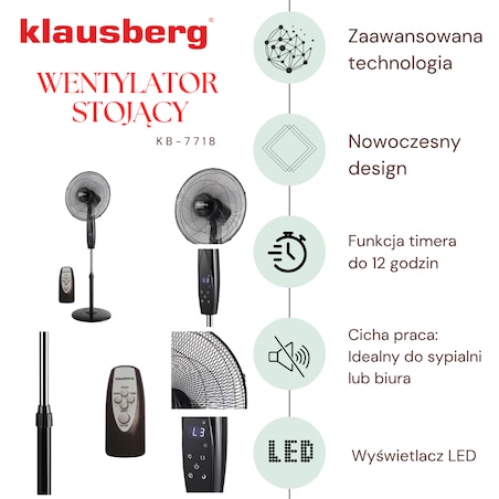 Wentylator podłogowy z pilotem i timerem 40cm 50W KLAUSBERG