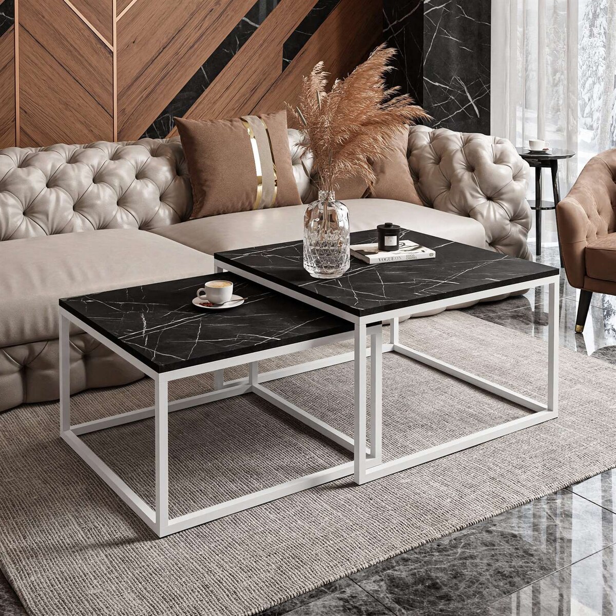 Stolik kawowy ława YOSHI 2w1 biały grigia pietra czarna 36/42 cm