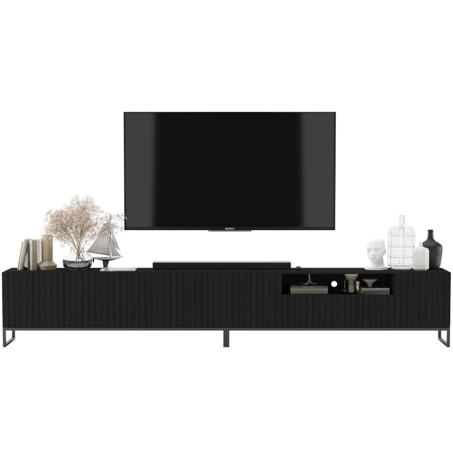 Nowoczesna Szafka RTV Glamour Komoda RTV Loft Ryflowane Fronty Czarny Mat 300 cm