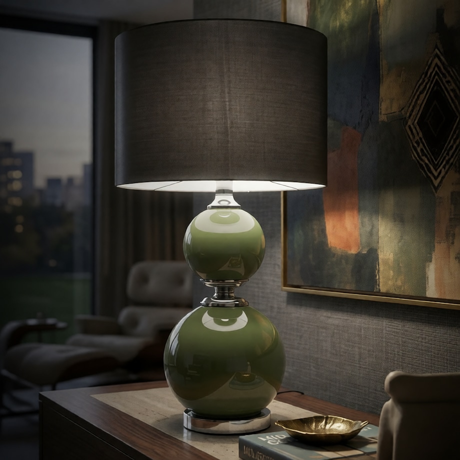 Lampa stołowa Eva Two, kolor zielony i szary, szkło, żelazo i tkanina, 38 x 38 x 65 cm, 1 x E27, do salonu i sypialni, Mauro Ferretti