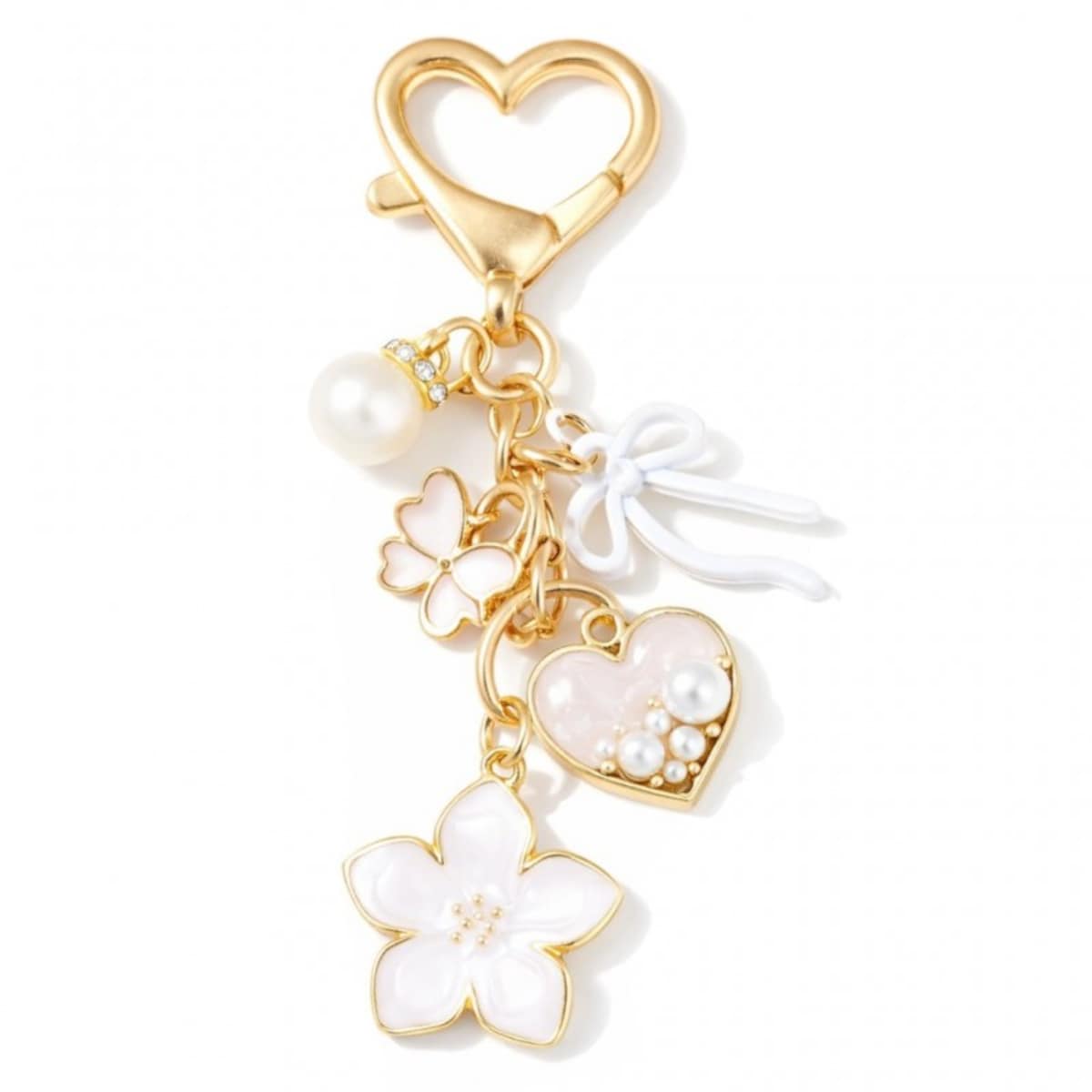 Brelok do kluczy różowy KWIAT, serce, kokardka, złoty BRL414B