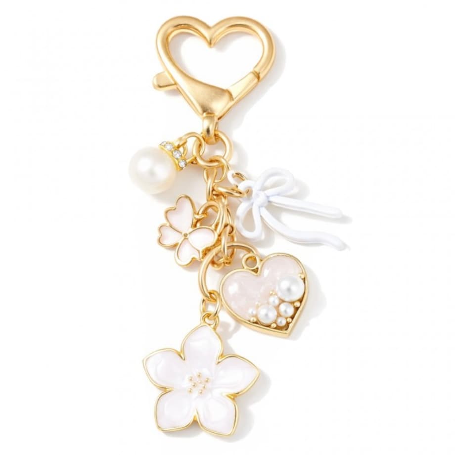 Brelok do kluczy różowy KWIAT, serce, kokardka, złoty BRL414B